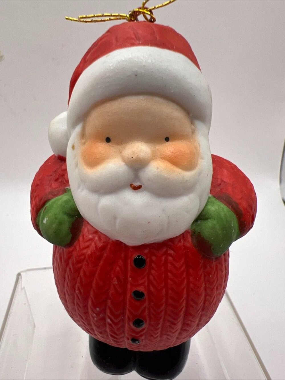 Vtg Santa Claus Figurine Christmas Ornament Roly Poly Sweater 3.5”